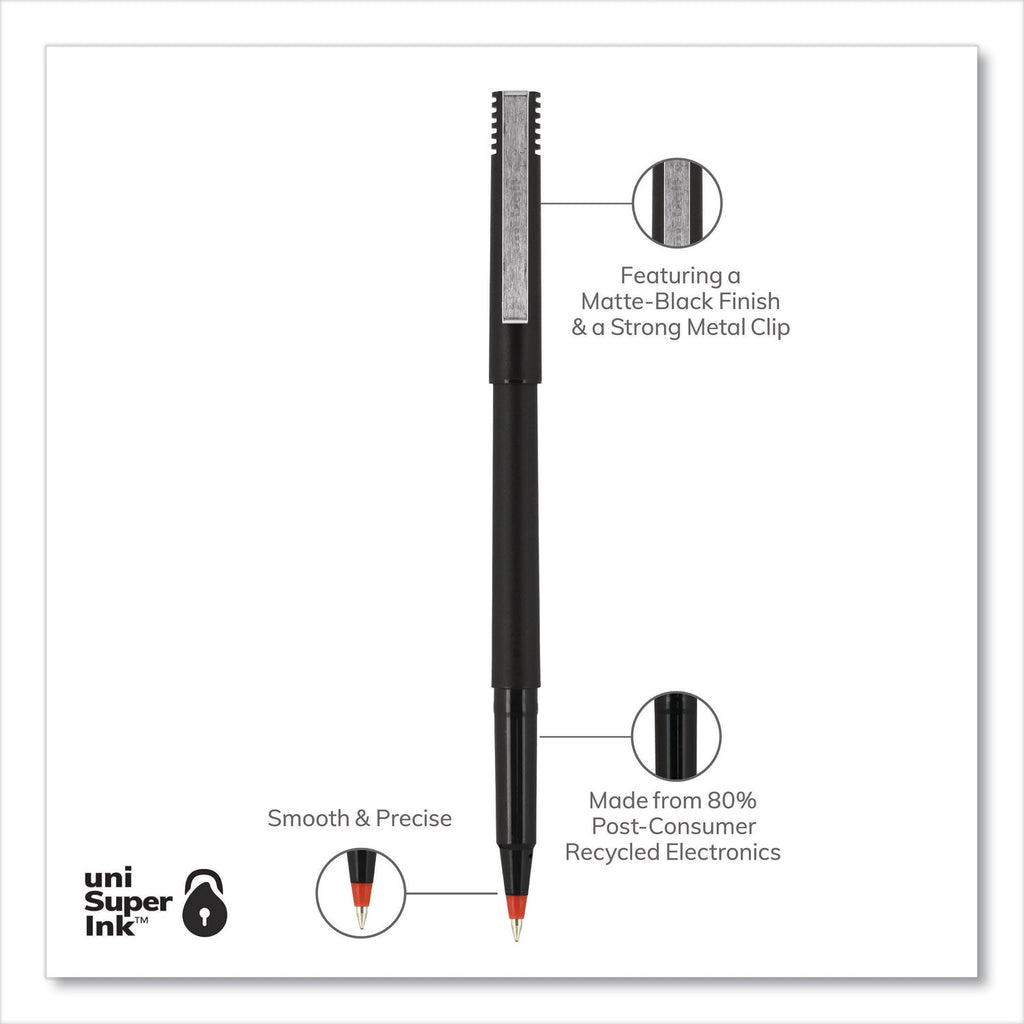 uniball Roller Ball Pen, Stick, Fine 0.7 mm, Red Ink, Black Matte Barrel, Dozen