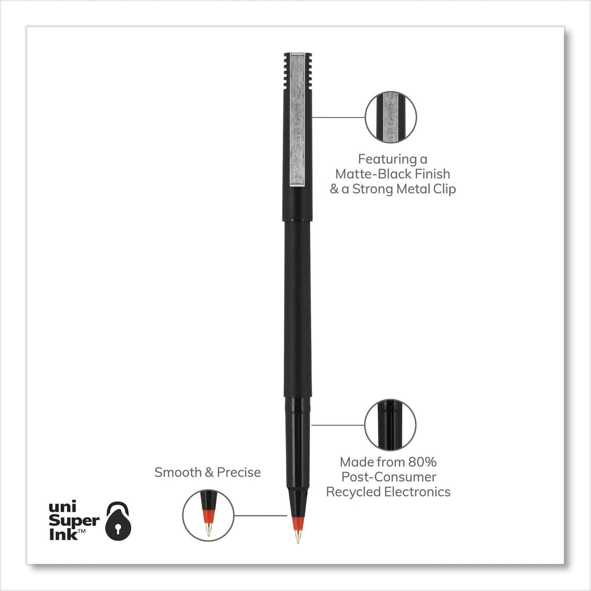 uniball Roller Ball Pen, Stick, Fine 0.7 mm, Red Ink, Black Matte Barrel, Dozen