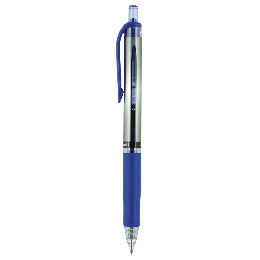 uniball Signo Gel Pen, Retractable, Medium 0.7 mm, Blue Ink, Blue/Metallic Accents Barrel, Dozen