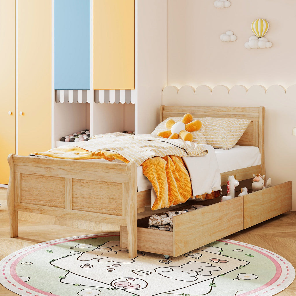 Twin Size Sleigh Bed with 2 Storage Drawers Wood Platform Bed Frame