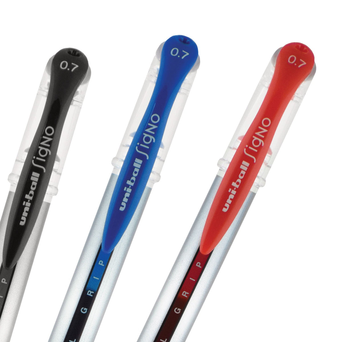 uniball Signo GRIP Gel Pen, Stick, Medium 0.7 mm, Red Ink, Silver/Red Barrel, Dozen