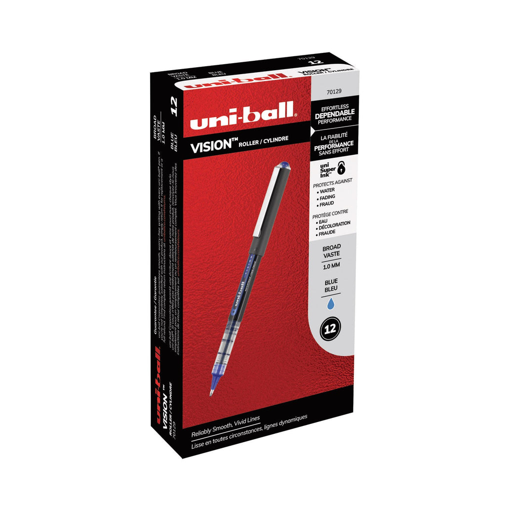 uniball VISION Roller Ball Pen, Stick, Bold 1 mm, Blue Ink, Black/Blue Barrel, Dozen