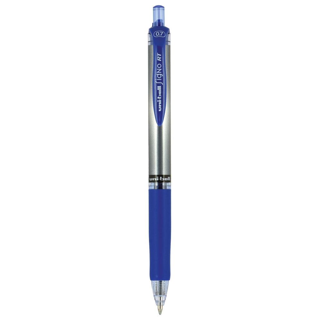 uniball Signo Gel Pen, Retractable, Medium 0.7 mm, Blue Ink, Blue/Metallic Accents Barrel, Dozen