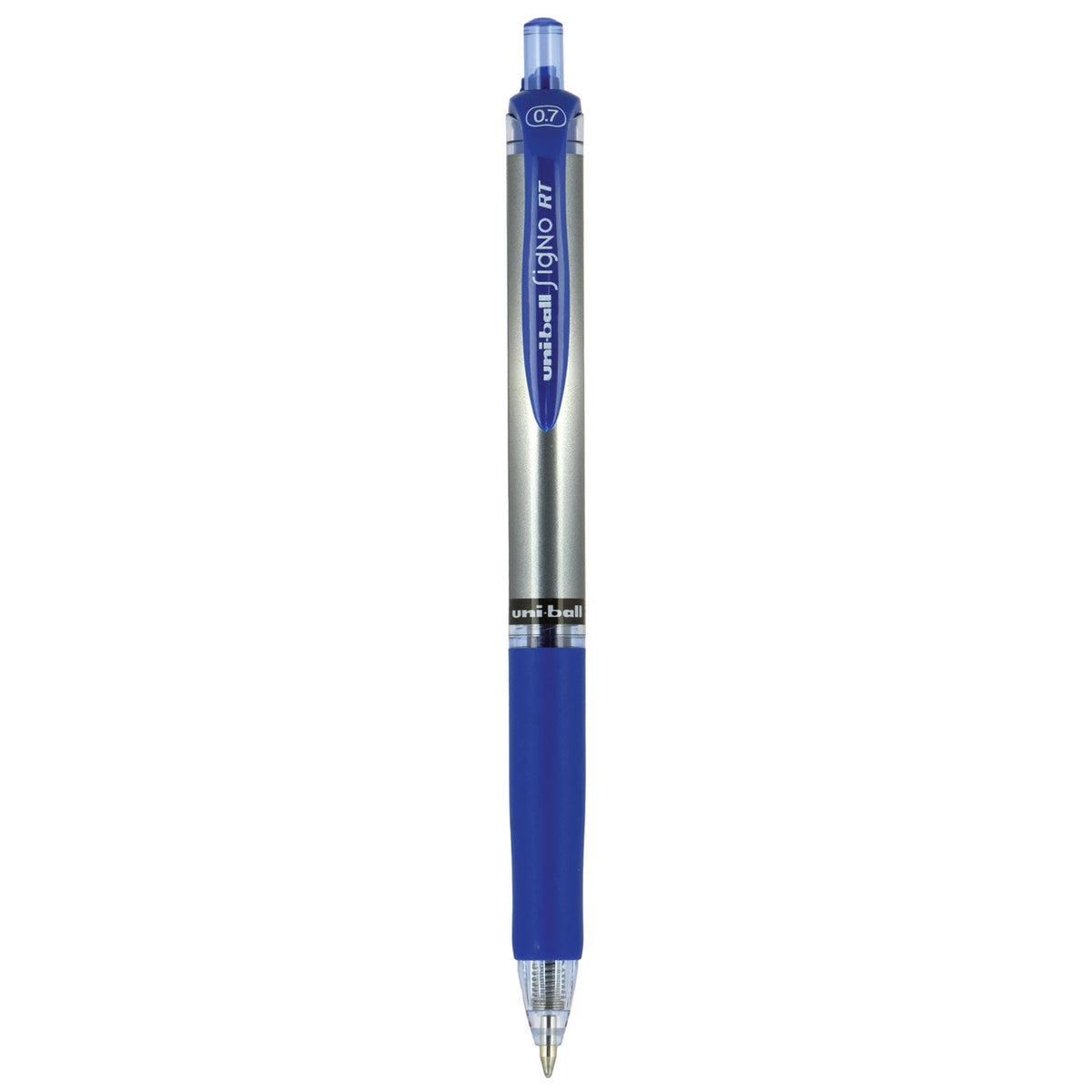 uniball Signo Gel Pen, Retractable, Medium 0.7 mm, Blue Ink, Blue/Metallic Accents Barrel, Dozen
