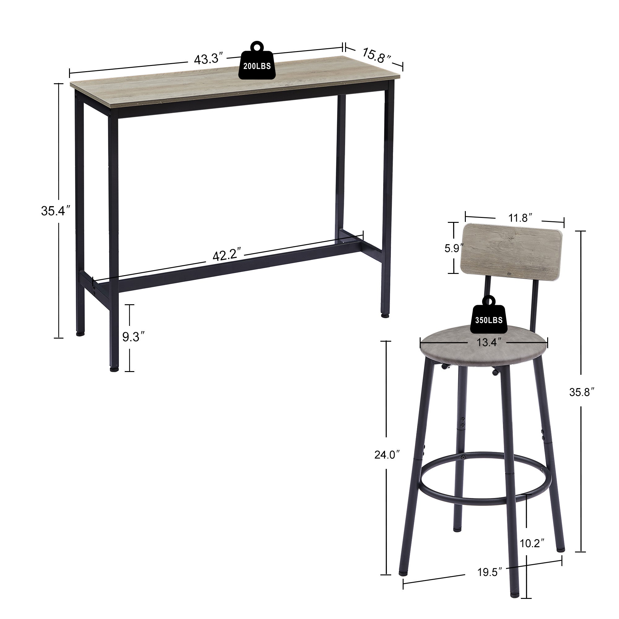 Bar Table Set with 2 Bar stools PU Soft seat with backrest Grey 43.31'' L x 15.75'' W x 35.43'' H