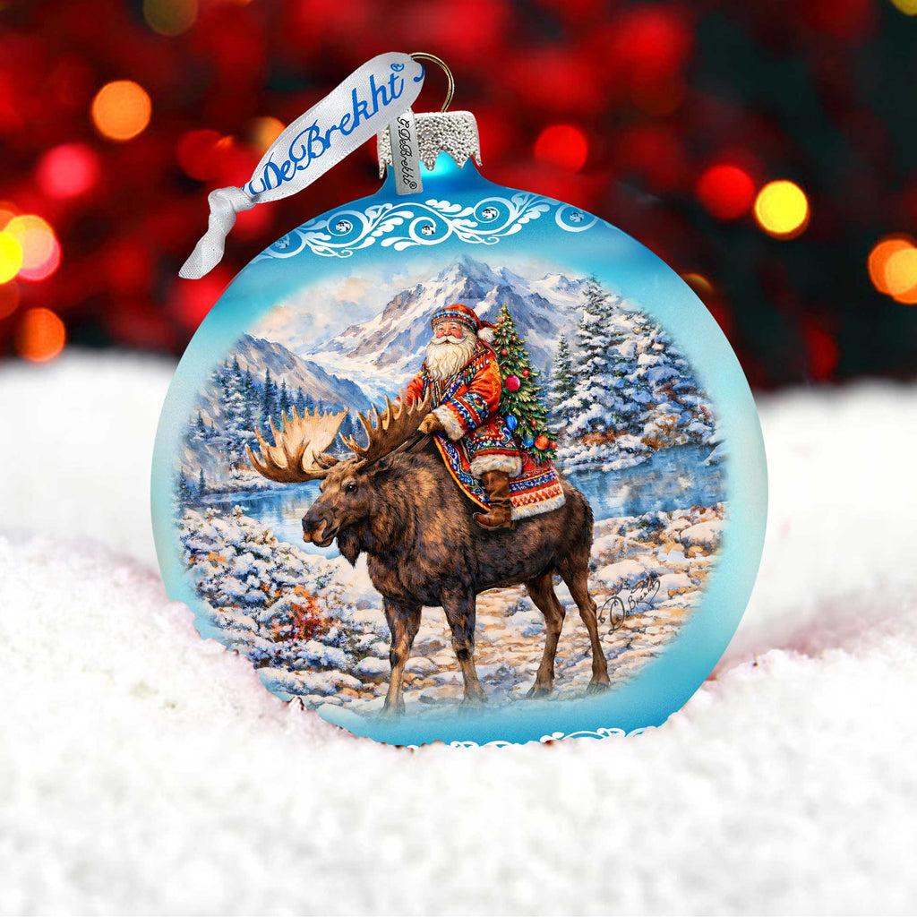 Santa Riding Moose Limited Edition Glass Christmas Ornament – Winter Wildlife Collectible by G. DeBrekht – 73981