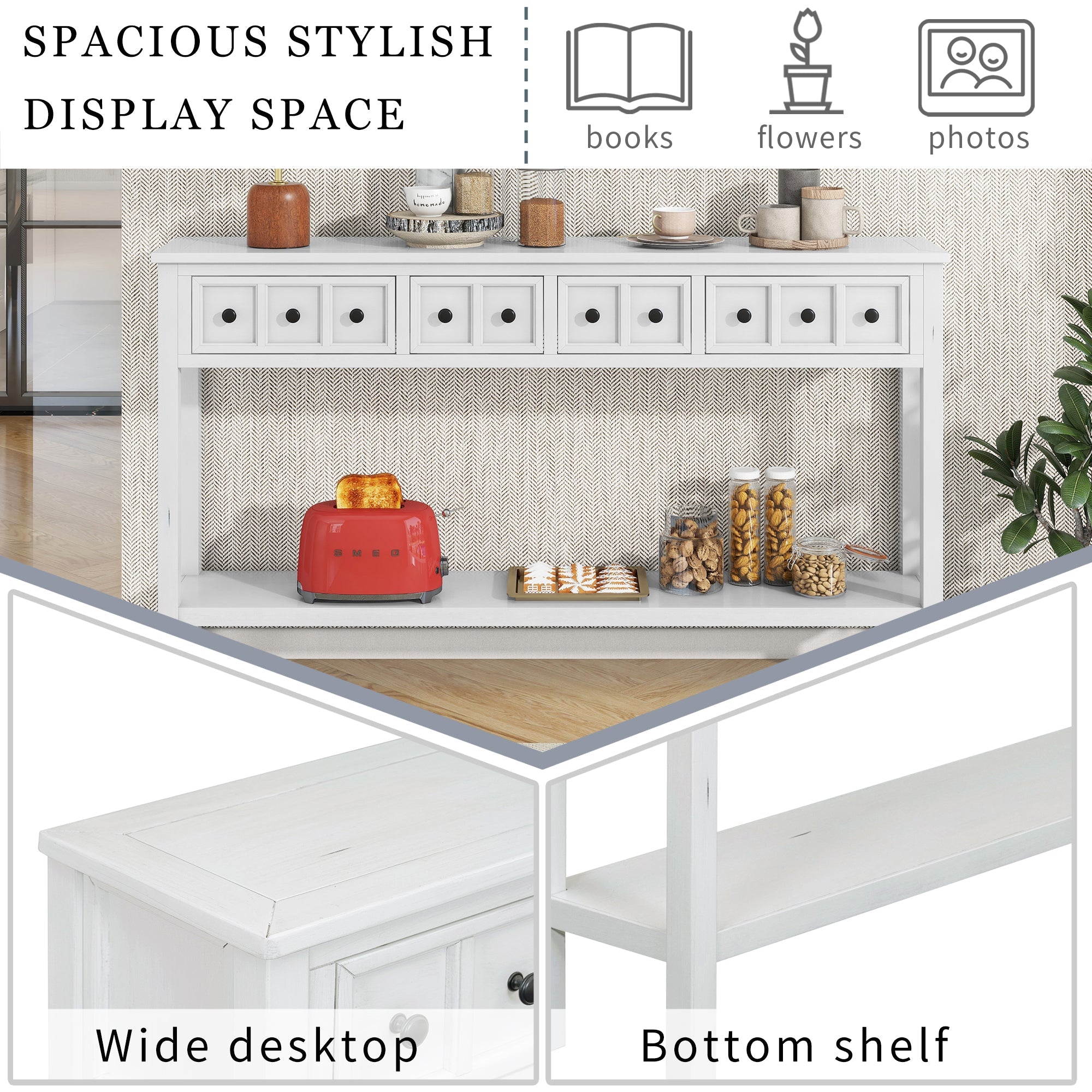 TREXM Rustic Entryway Console Table, 60" Long Sofa Table with two Different Size Drawers and Bottom Shelf for Storage (Antique W