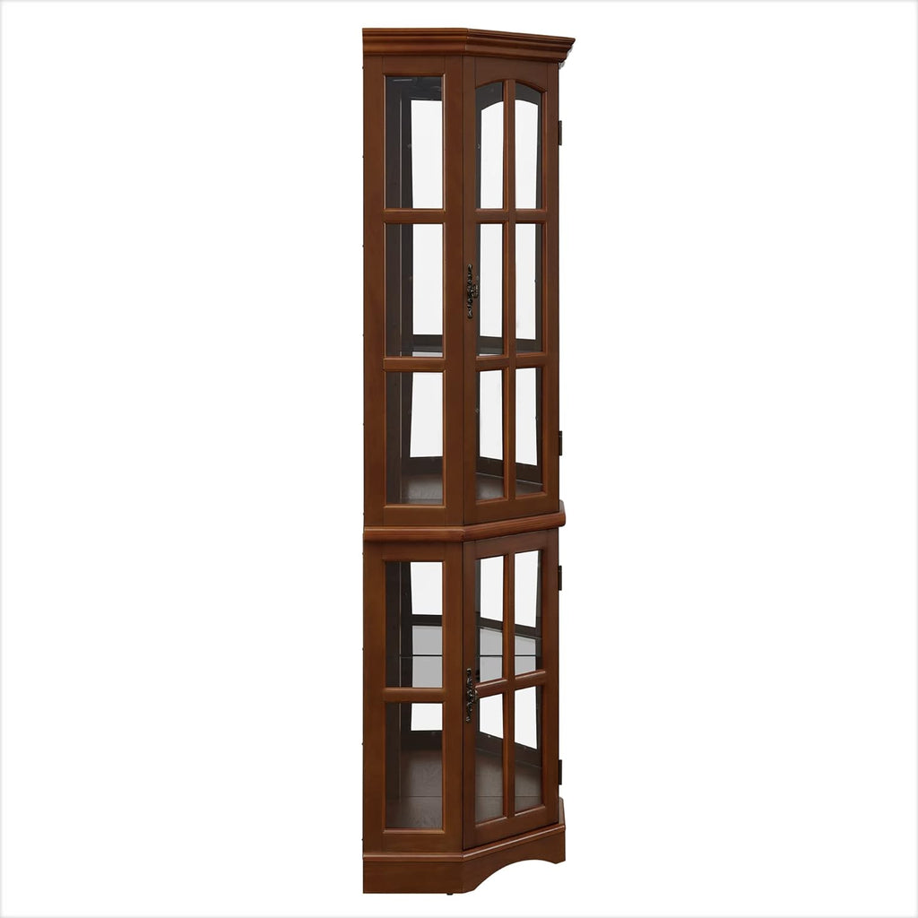 Corner Curio Cabinet with 5 Shelves and Lighting System, Walnut(E26 light bulb not included)