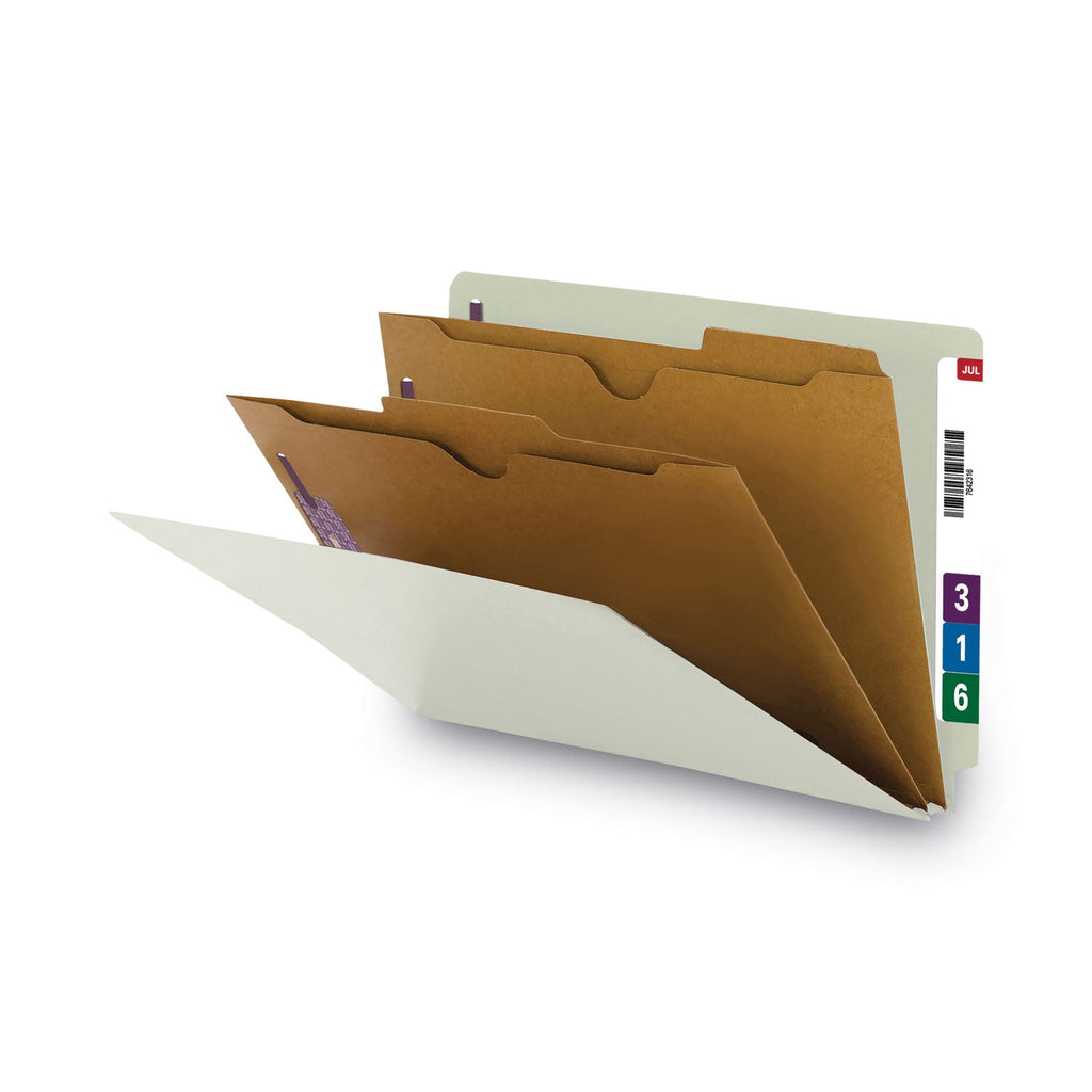 Smead X-Heavy 2-Pocket End Tab Pressboard Classification Folders with SafeSHIELD Fasteners, 2 Dividers, Legal, Gray-Green, 10/Box
