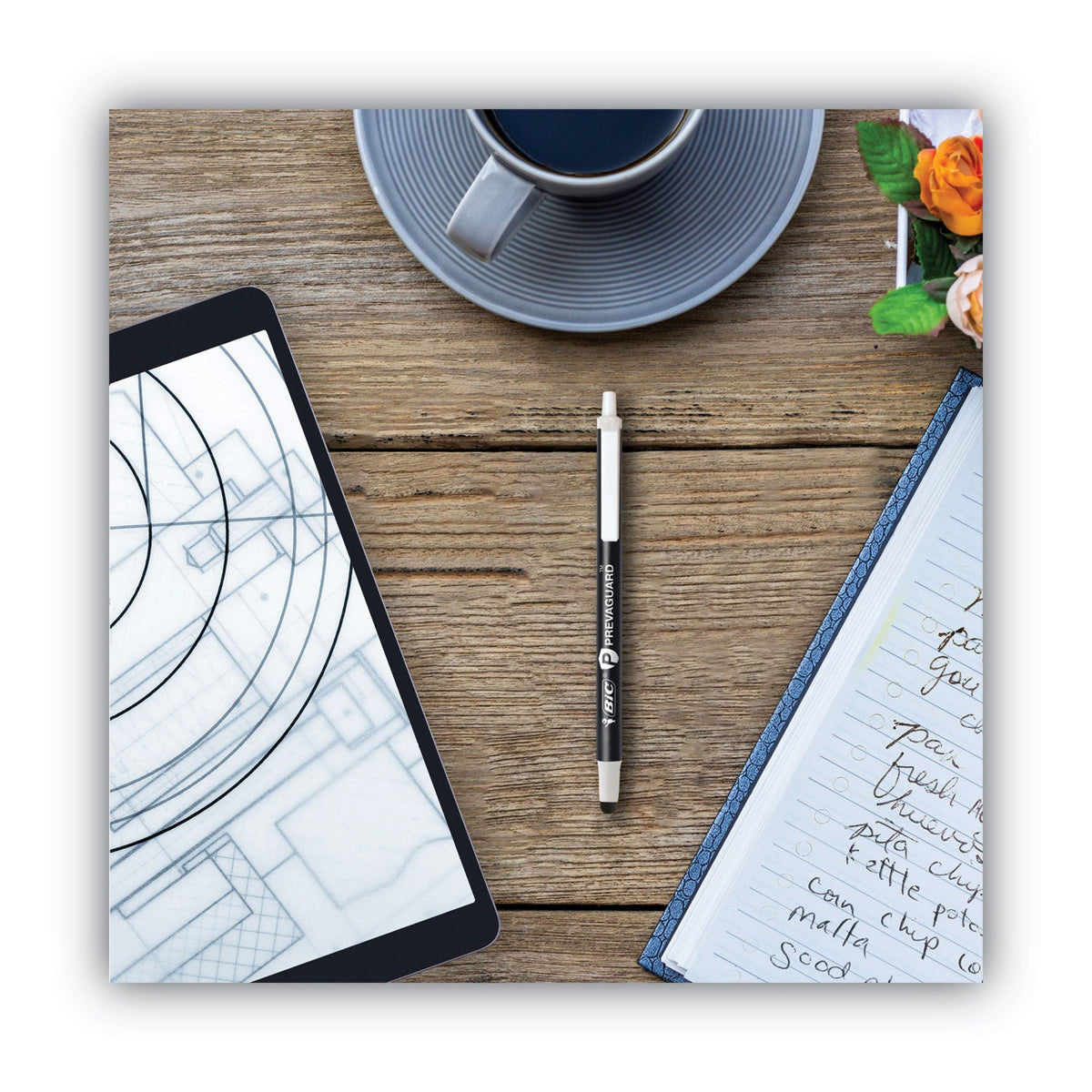 BIC PrevaGuard Ballpoint/Stylus Pen, Retractable, Medium 1 mm, Black Ink/Black Barrel, Dozen