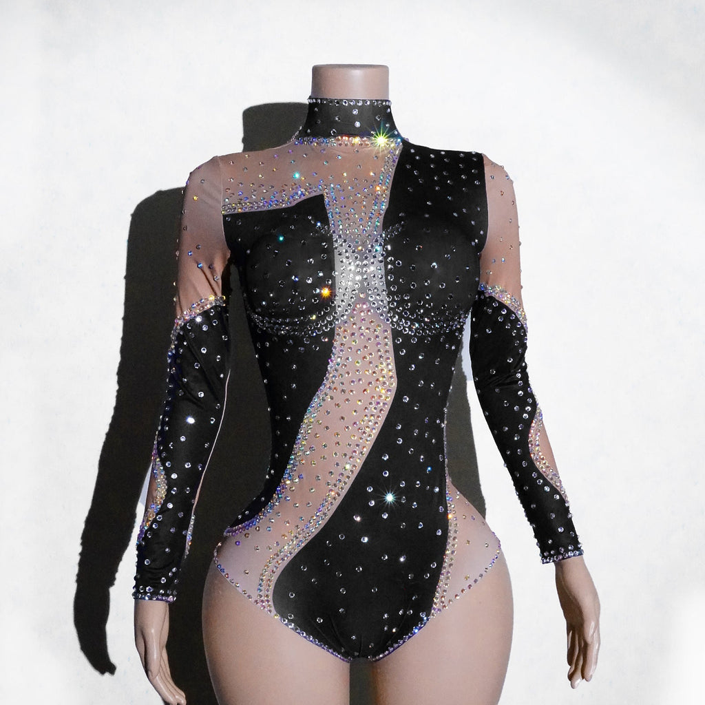 Womens Rhinestone Mesh Patchwork Jumpsuit