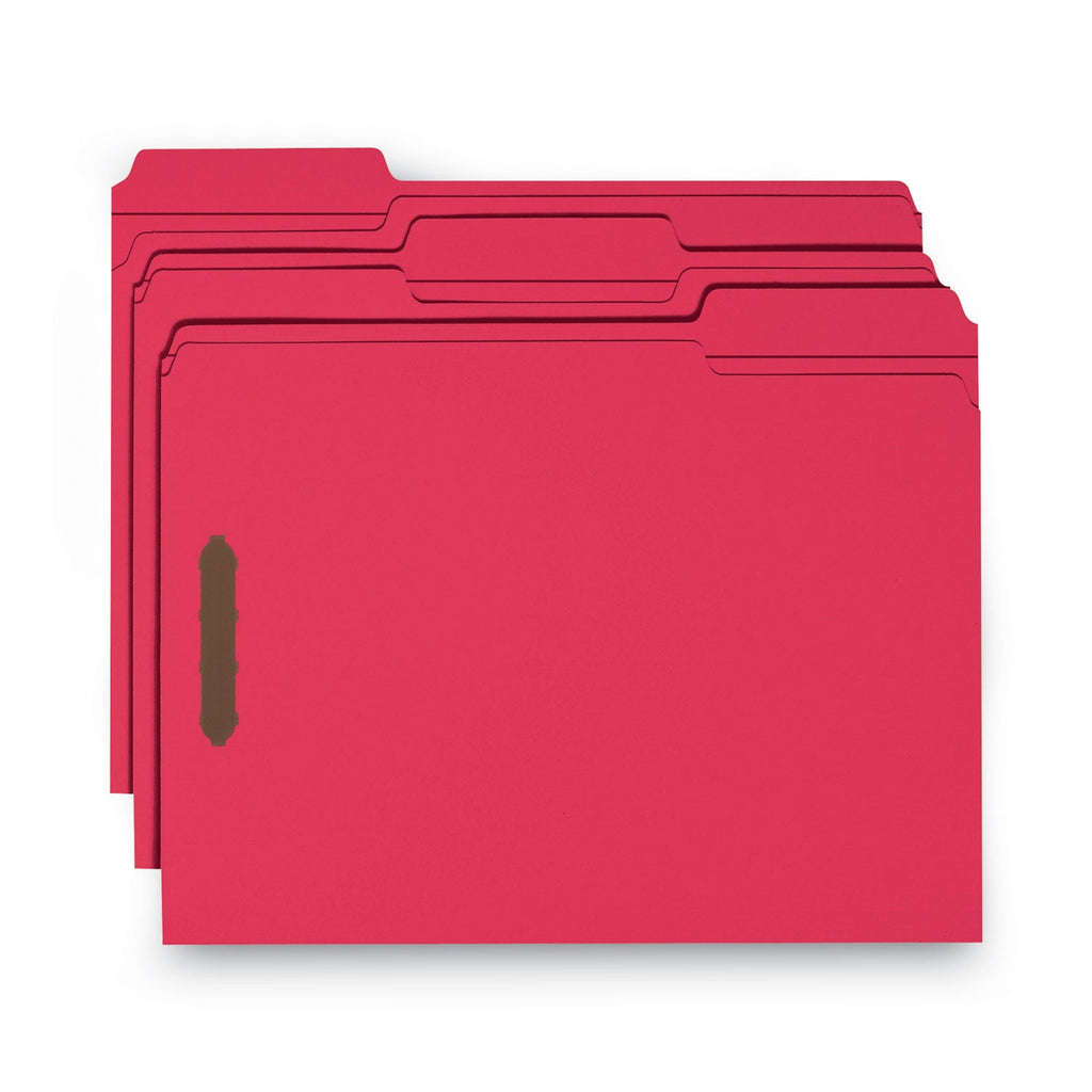 Smead WaterShed CutLess Reinforced Top Tab Fastener Folders, 2 Fasteners, Letter Size, Red Exterior, 50/Box