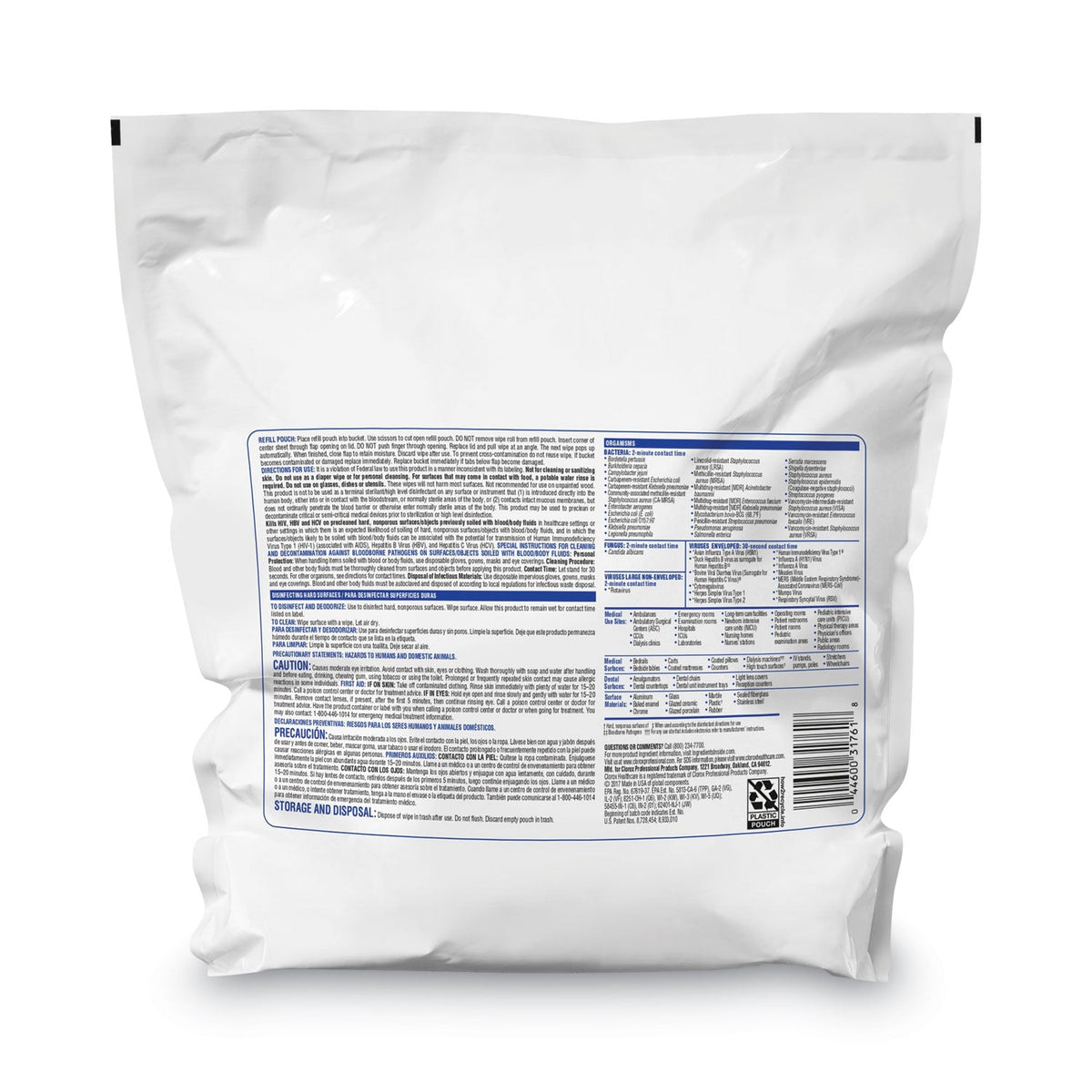 Clorox VersaSure Cleaner Disinfectant Wipes, 1-Ply, 12 x 12, White, 110/Pouch, 2/Carton