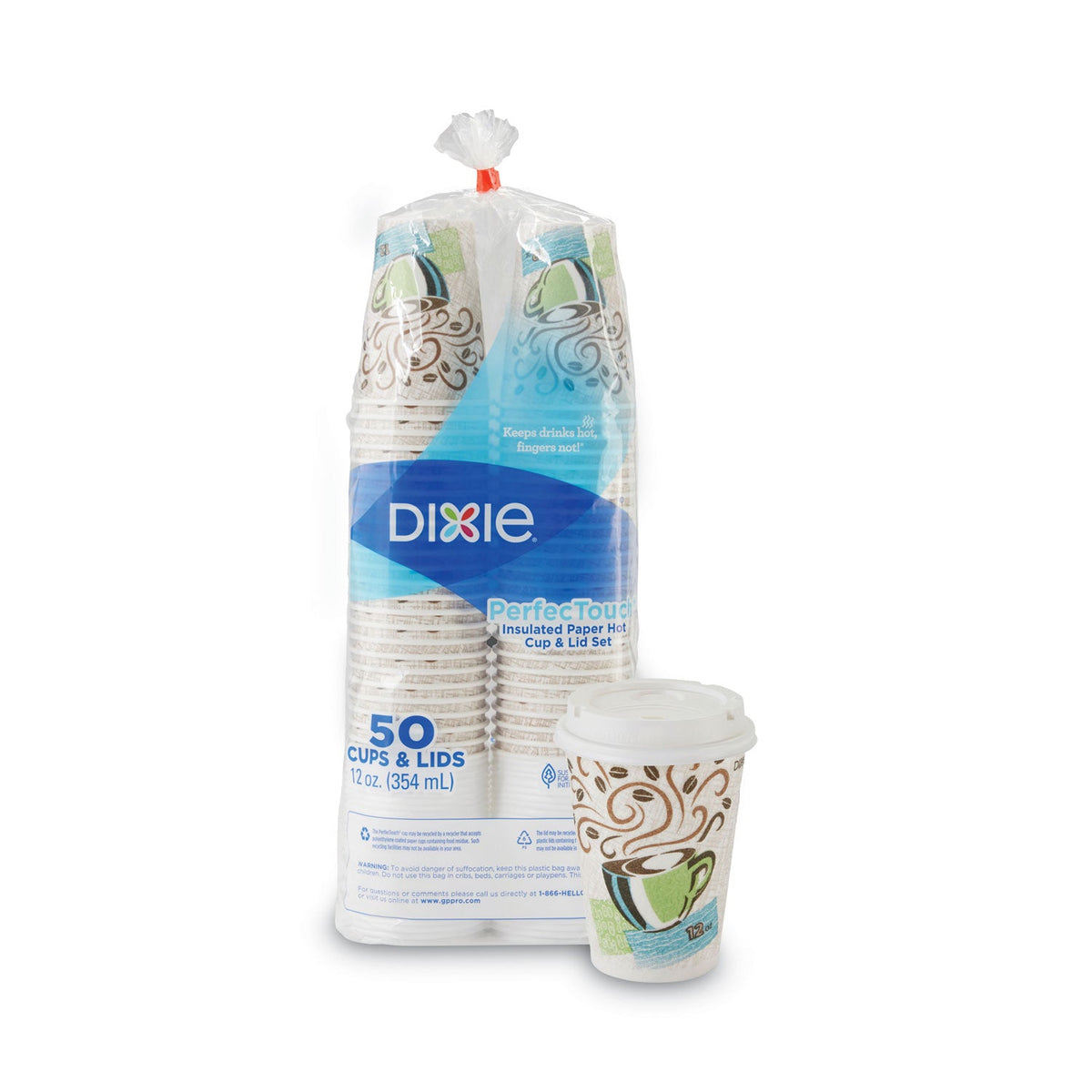Dixie PerfecTouch Paper Hot Cups and Lids Combo, 12 oz, Multicolor, 50 Cups/Lids/Pack