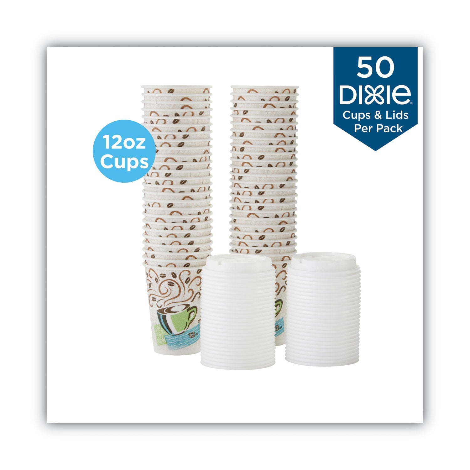 Dixie PerfecTouch Paper Hot Cups and Lids Combo, 12 oz, Multicolor, 50 Cups/Lids/Pack
