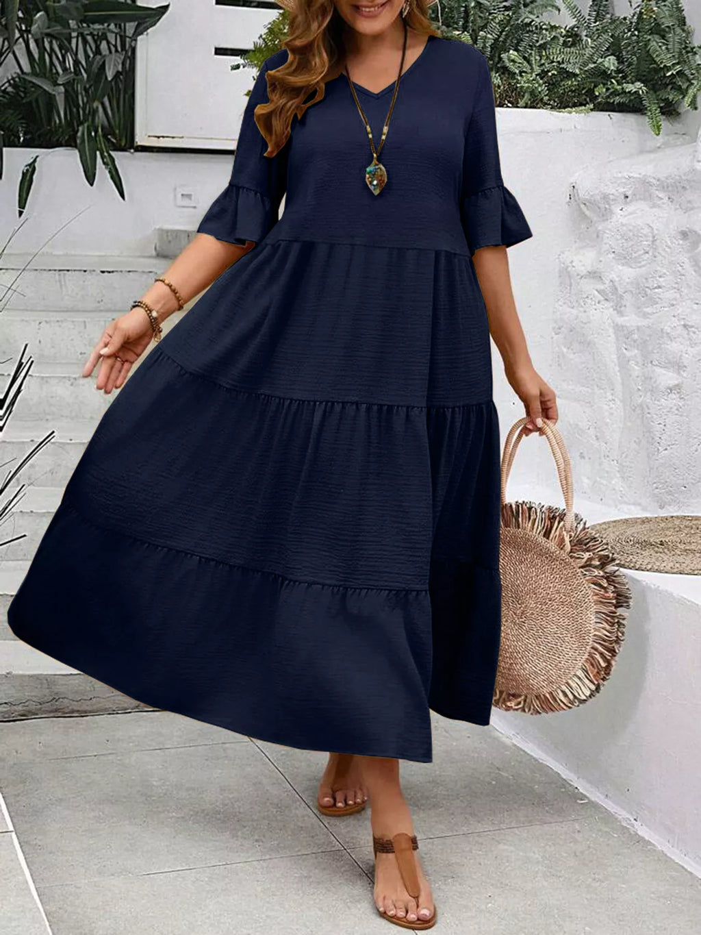 Ruffle Sleeves Tiered Midi Dress