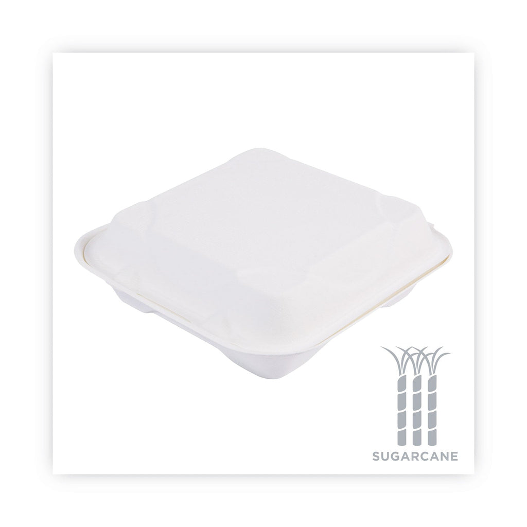 Eco-Products Renewable and Compostable Sugarcane Clamshells, 9 x 9 x 3, White, 50/Pack, 4 Packs/Carton