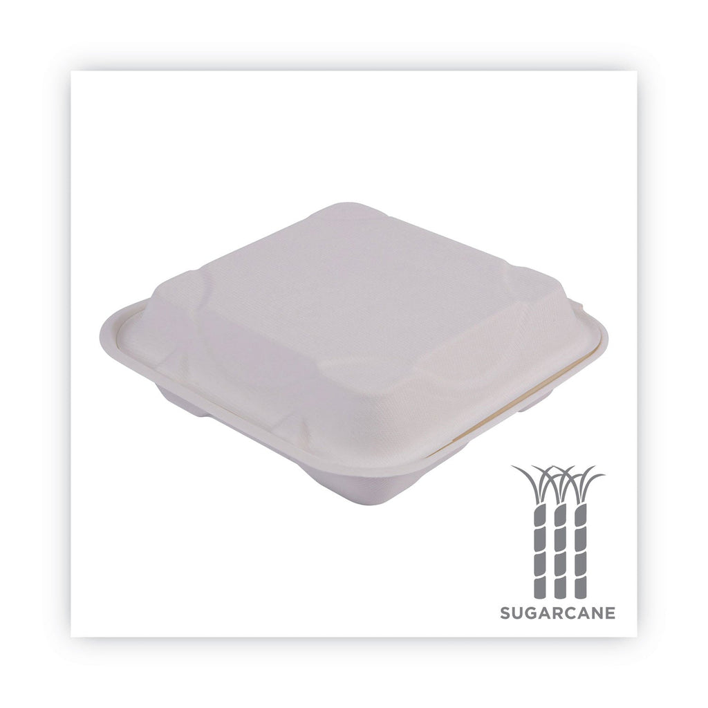 Eco-Products Renewable and Compost Sugarcane Clamshells, 3-Compartment, 9 x 9 x 3, White, 50/Pack, 4 Packs/Carton
