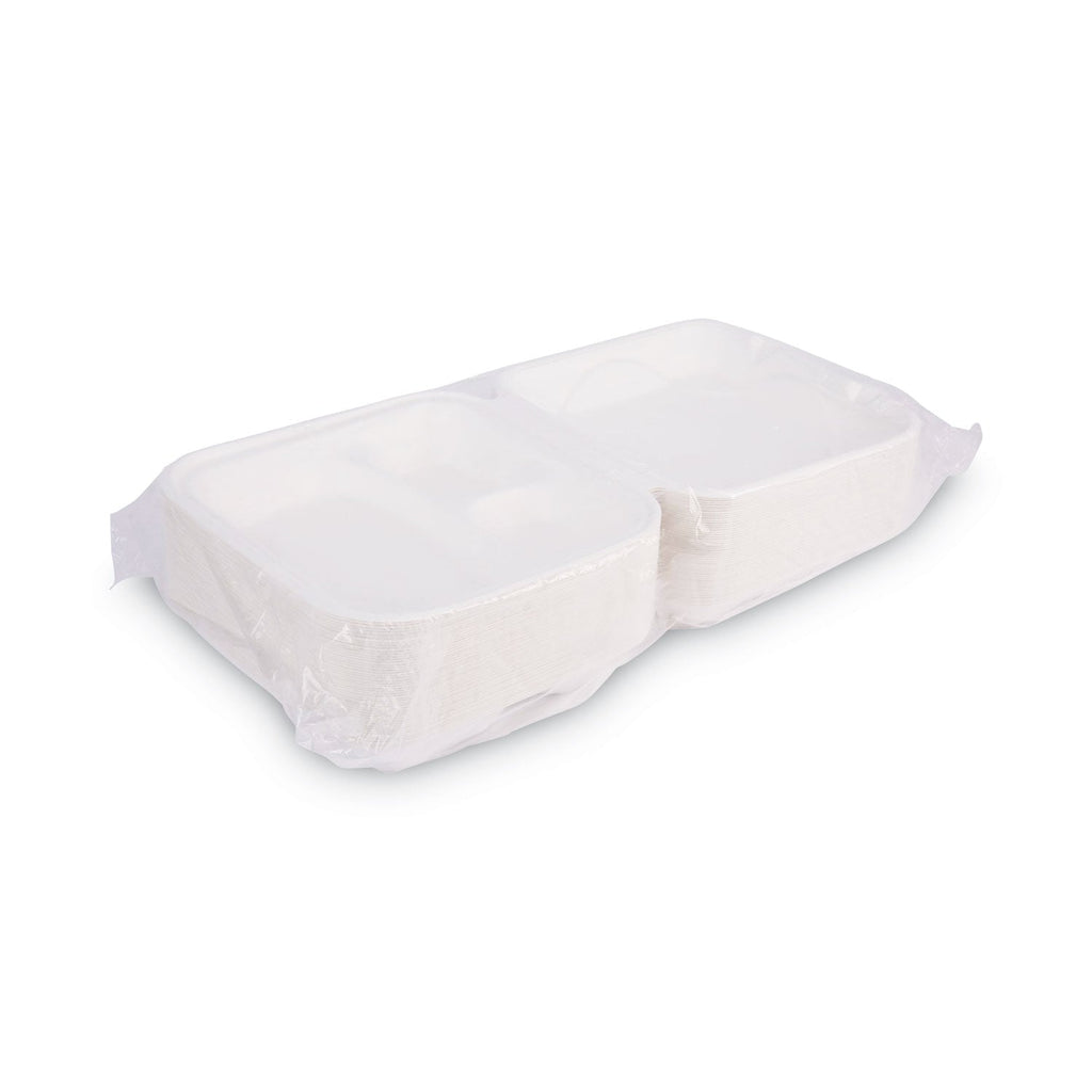 Eco-Products Renewable and Compost Sugarcane Clamshells, 3-Compartment, 9 x 9 x 3, White, 50/Pack, 4 Packs/Carton