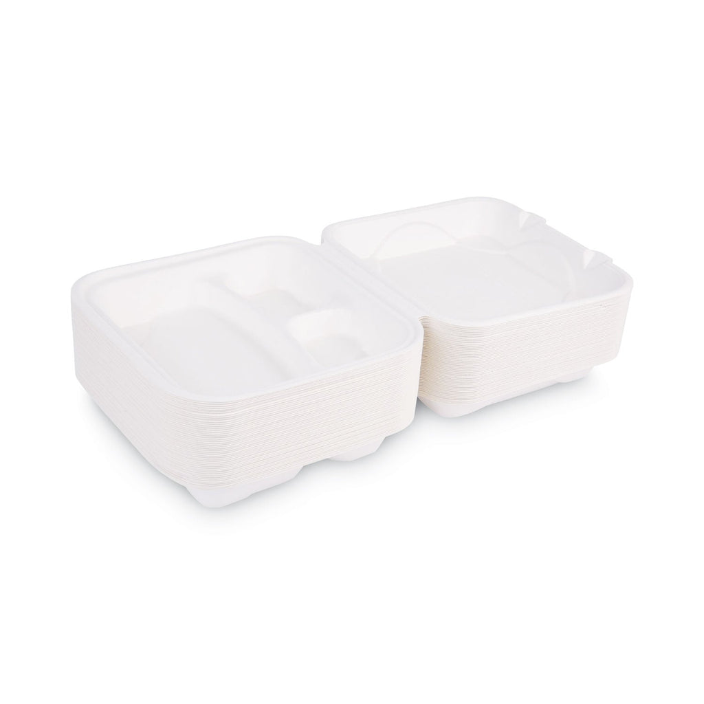 Eco-Products Renewable and Compost Sugarcane Clamshells, 3-Compartment, 9 x 9 x 3, White, 50/Pack, 4 Packs/Carton