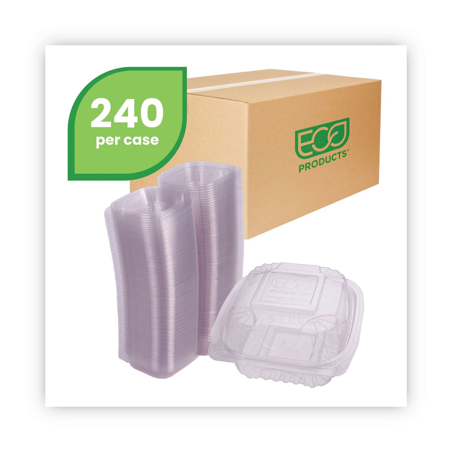 Eco-Products Clear Clamshell Hinged Food Containers, 6 x 6 x 3, Plastic, 80/Pack, 3 Packs/Carton