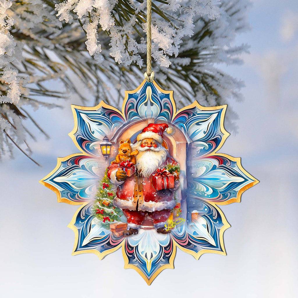 Santa with Gifts Snowflake Large Wooden Ornament by G. Debrekht - Christmas Santa Snowman Decor - 8688421M