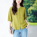 Retro Cotton-linen Blouse For Women Three-quarter Sleeves Arrival Round Neck