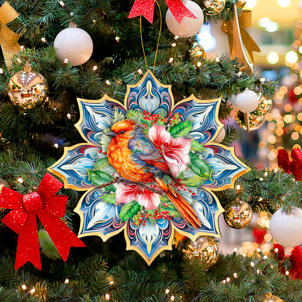 Forest Bird Snowflake Large Wooden Ornament by G. Debrekht - Nature Wildlife Decor - 8688412M