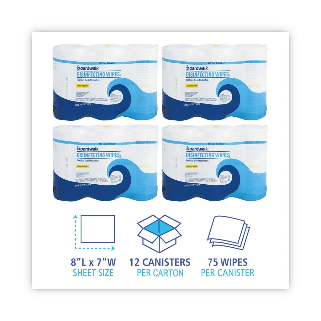 Boardwalk Disinfecting Wipes, 7 x 8, Lemon Scent, 75/Canister, 12 Canisters/Carton