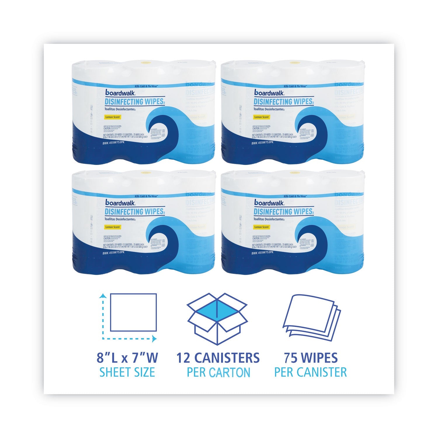 Boardwalk Disinfecting Wipes, 7 x 8, Lemon Scent, 75/Canister, 12 Canisters/Carton