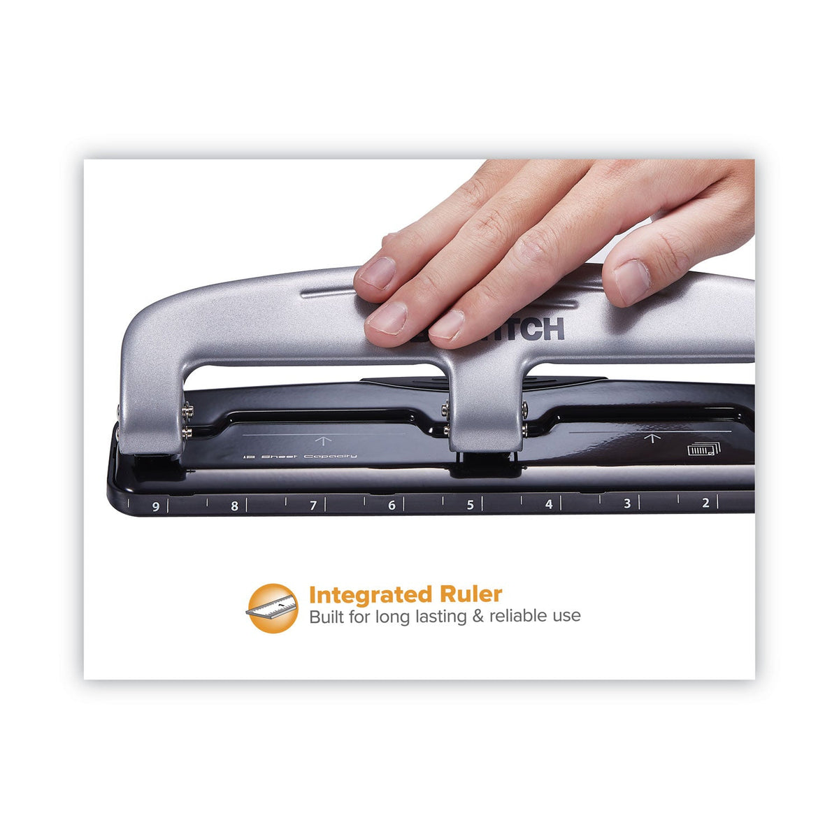 Bostitch 12-Sheet EZ Squeeze Three-Hole Punch, 9/32" Holes, Black/Silver