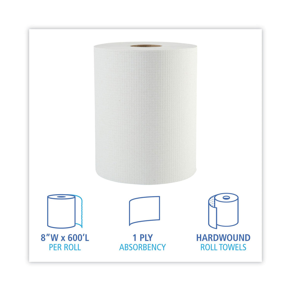 Boardwalk Hardwound Paper Towels, 1-Ply, 8" x 600 ft, White, 2" Core, 12 Rolls/Carton