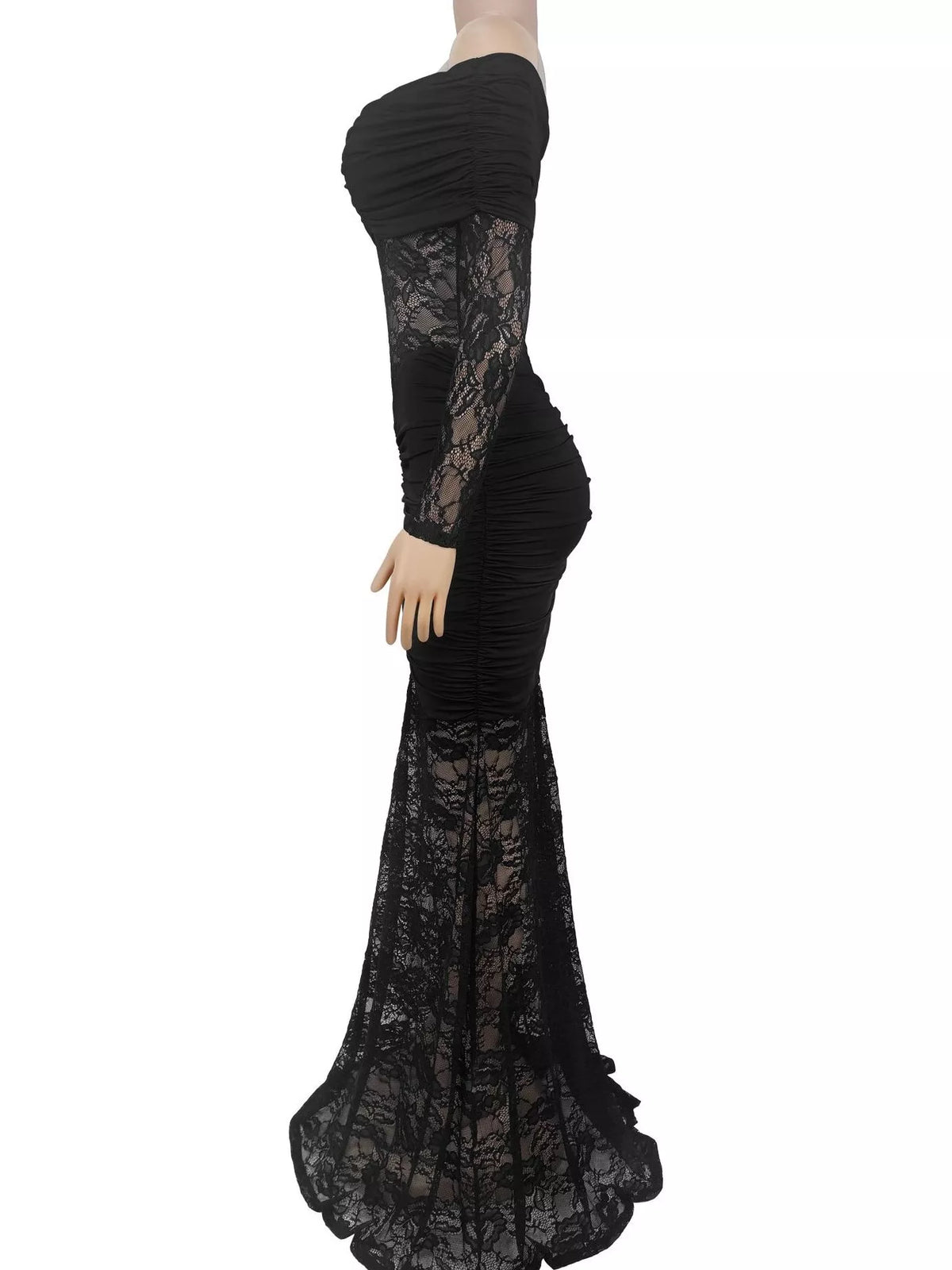 Off-Shoulder Ruched Lace Mermaid Maxi Dress