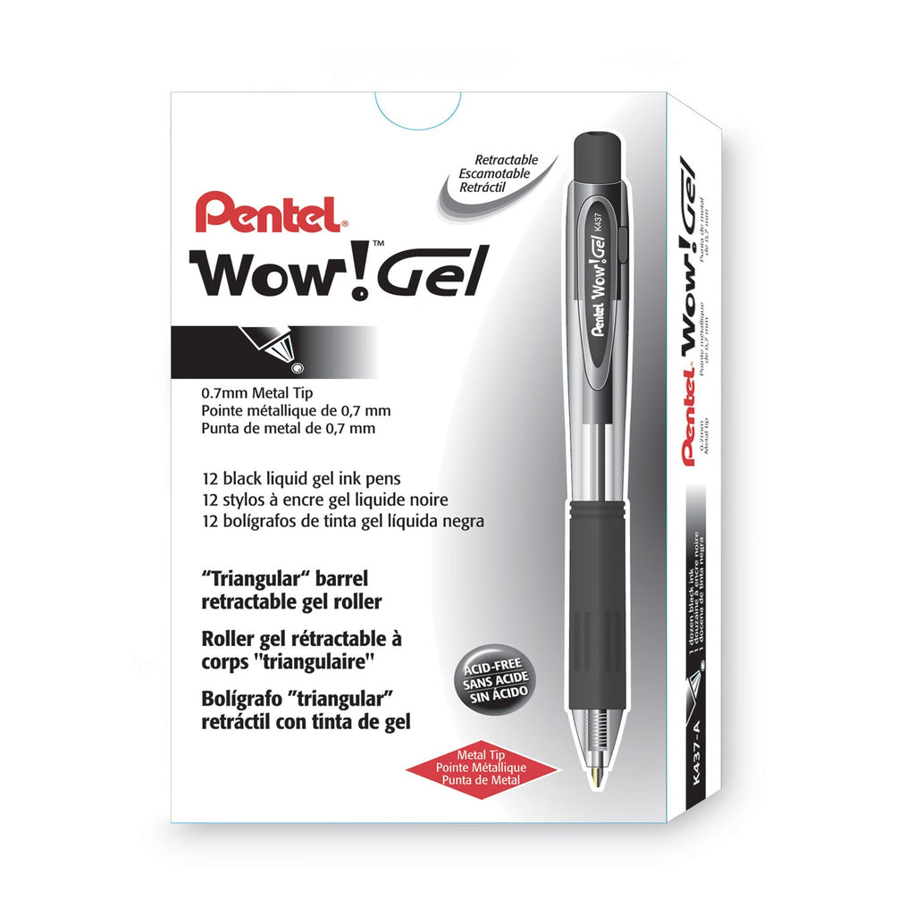 Pentel WOW! Gel Pen, Retractable, Medium 0.7 mm, Black Ink, Clear/Black Barrel, Dozen