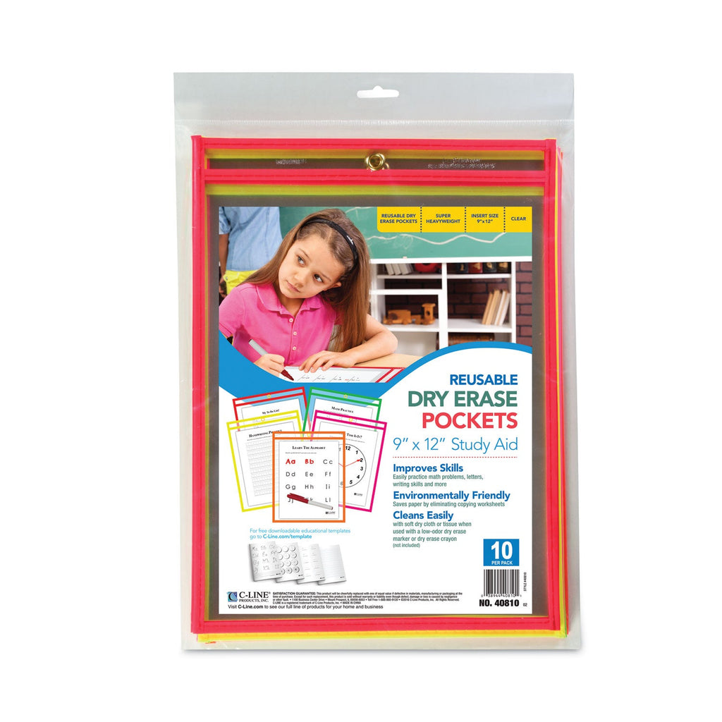 C-Line Reusable Dry Erase Pockets, 9 x 12, Assorted Neon Colors, 10/Pack