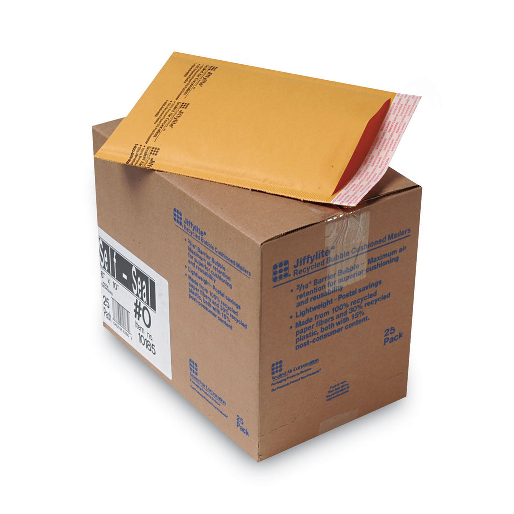 Sealed Air Jiffylite Self-Seal Bubble Mailer, #0, Barrier Bubble Air Cell Cushion, Self-Adhesive Closure, 6 x 10, Brown Kraft, 25/CT