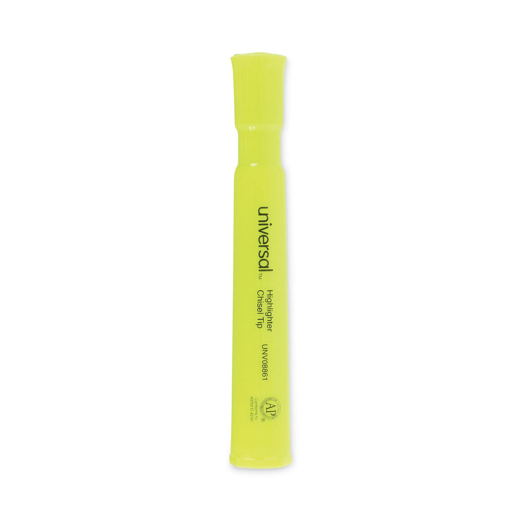 Universal Desk Highlighters, Fluorescent Yellow Ink, Chisel Tip, Yellow Barrel, Dozen