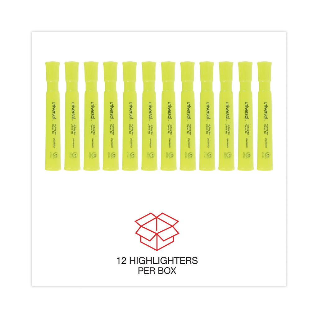 Universal Desk Highlighters, Fluorescent Yellow Ink, Chisel Tip, Yellow Barrel, Dozen