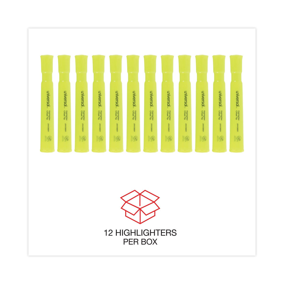 Universal Desk Highlighters, Fluorescent Yellow Ink, Chisel Tip, Yellow Barrel, Dozen