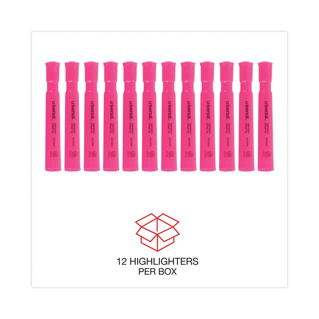 Universal Desk Highlighters, Fluorescent Pink Ink, Chisel Tip, Pink Barrel, Dozen