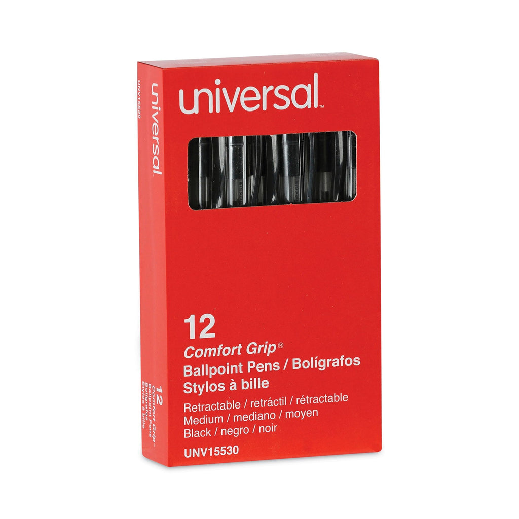 Universal Comfort Grip Ballpoint Pen, Retractable, Medium 1 mm, Black Ink, Clear Barrel, Dozen