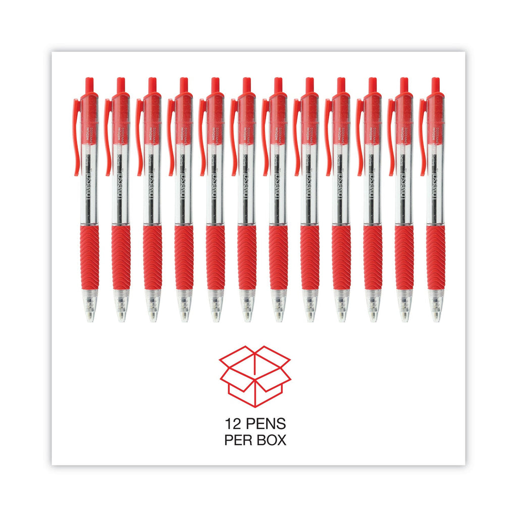 Universal Comfort Grip Ballpoint Pen, Retractable, Medium 1 mm, Red Ink, Clear Barrel, Dozen
