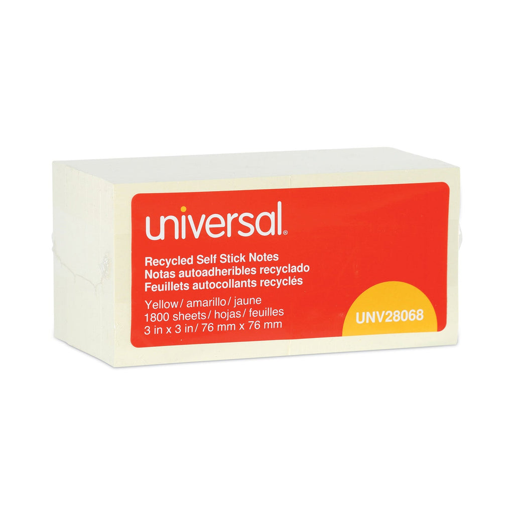 Universal Recycled Self-Stick Note Pads, 3" x 3", Yellow, 100 Sheets/Pad, 18 Pads/Pack