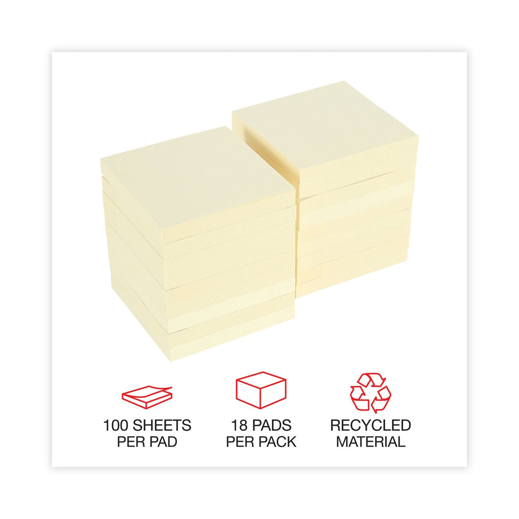 Universal Recycled Self-Stick Note Pads, 3" x 3", Yellow, 100 Sheets/Pad, 18 Pads/Pack