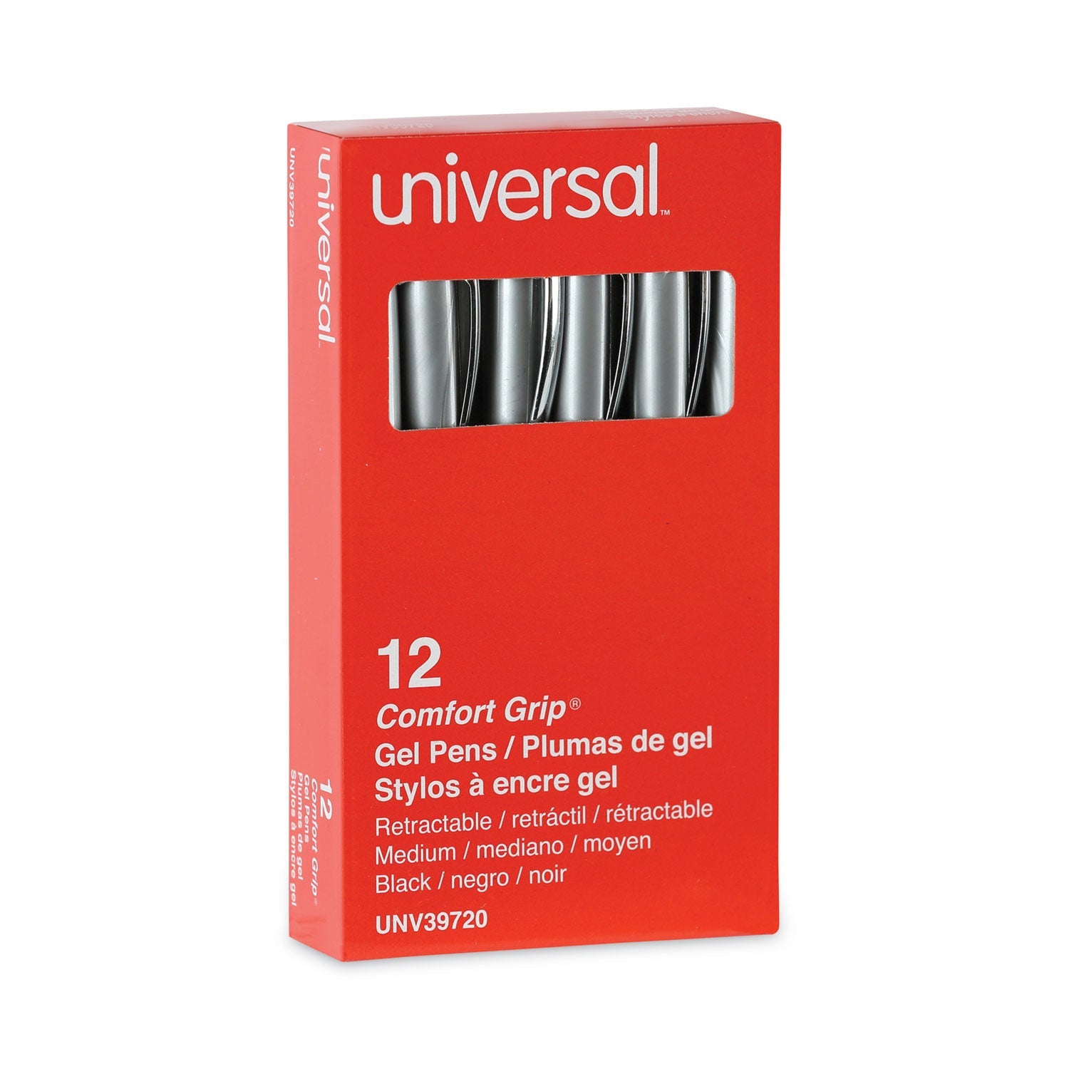 Universal Comfort Grip Gel Pen, Retractable, Medium 0.7 mm, Black Ink, Silver Barrel, Dozen