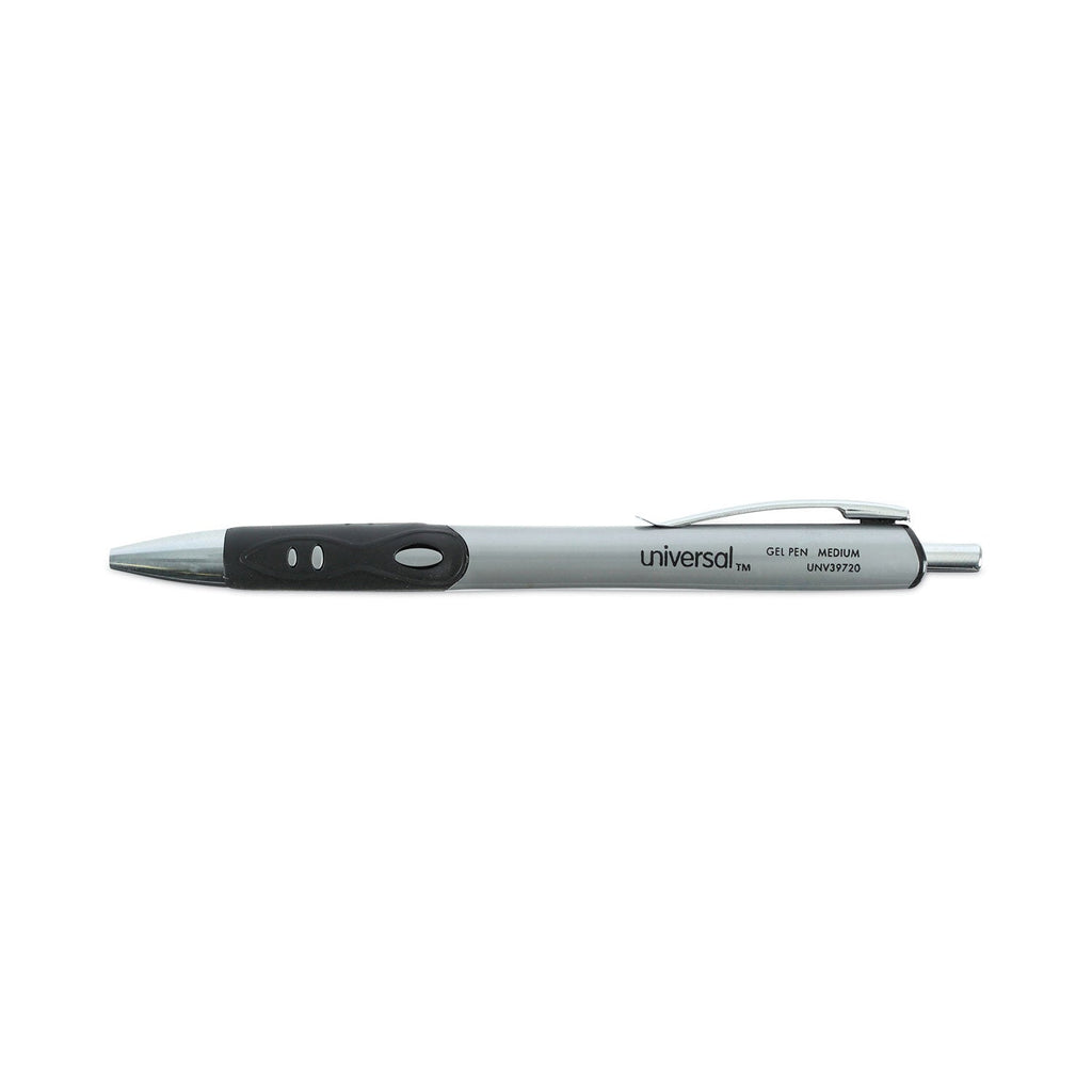 Universal Comfort Grip Gel Pen, Retractable, Medium 0.7 mm, Black Ink, Silver Barrel, Dozen