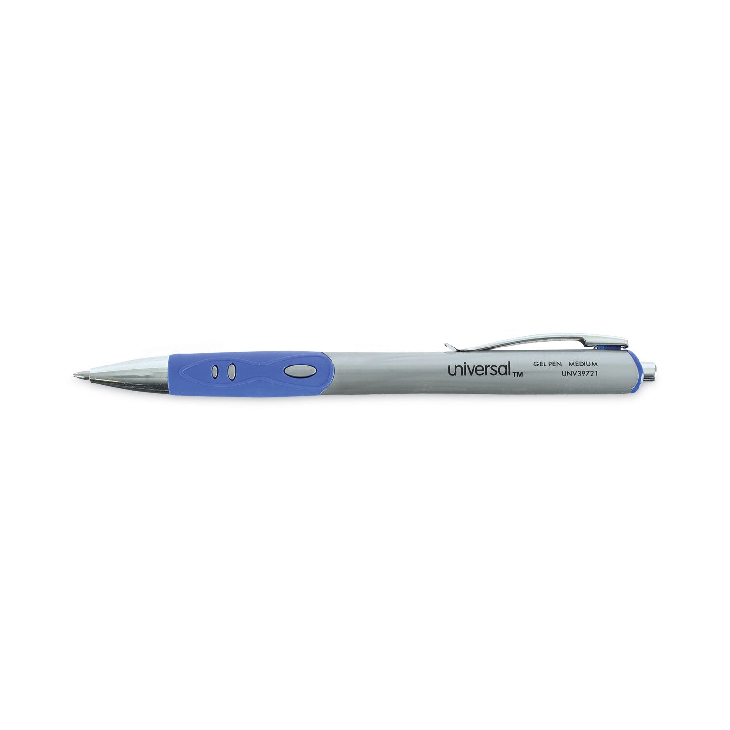 Universal Comfort Grip Gel Pen, Retractable, Medium 0.7 mm, Blue Ink, Silver Barrel, Dozen