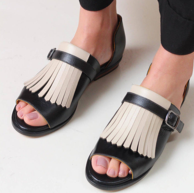Summer Casual Flat Heel Tassel 40-43 Large Size Round Toe Beach Sandals For Women
