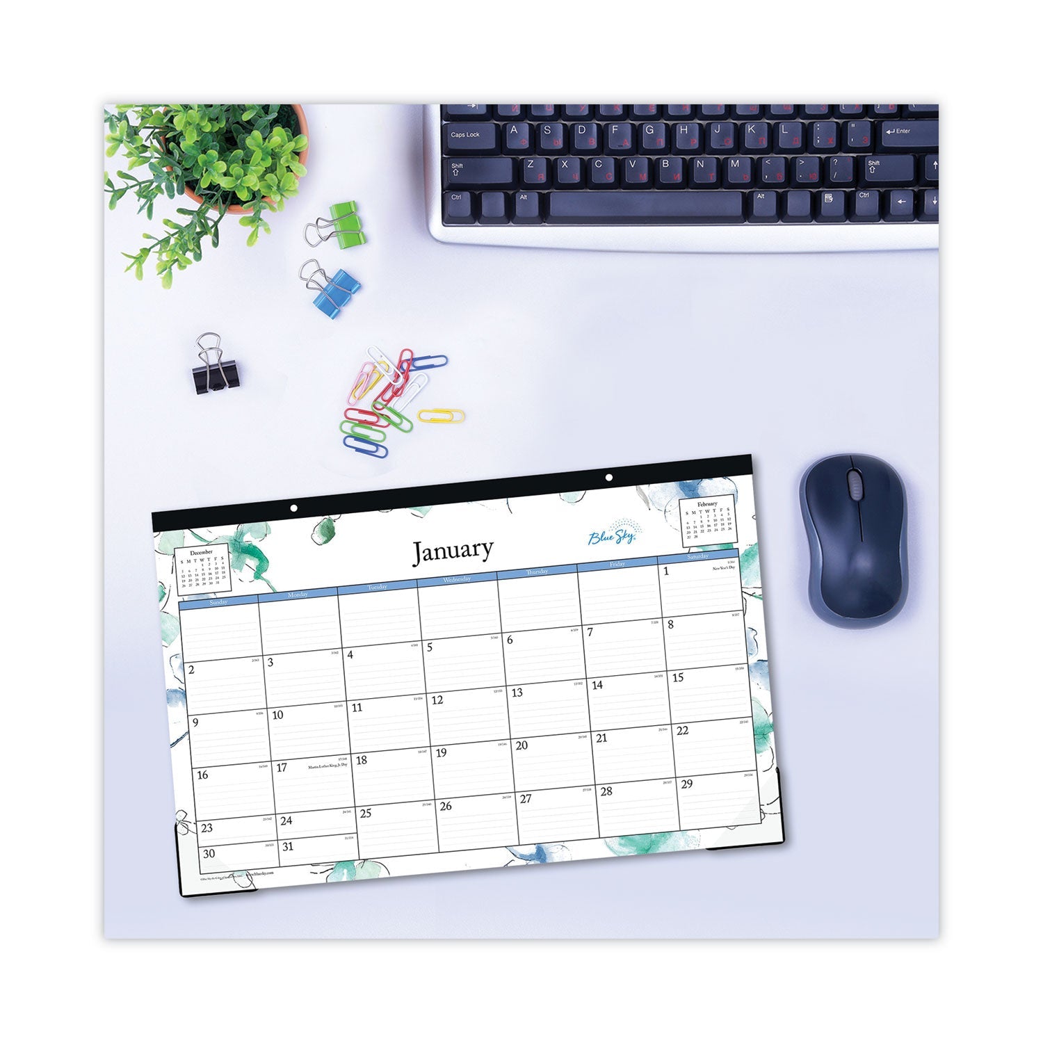 Blue Sky Lindley Desk Pad, Floral Artwork, 17 x 11, White/Blue/Green Sheets, Black Binding, Clear Corners, 12-Month (Jan-Dec): 2023