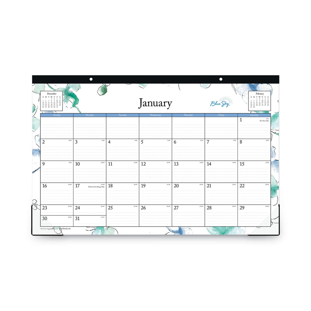 Blue Sky Lindley Desk Pad, Floral Artwork, 17 x 11, White/Blue/Green Sheets, Black Binding, Clear Corners, 12-Month (Jan-Dec): 2023